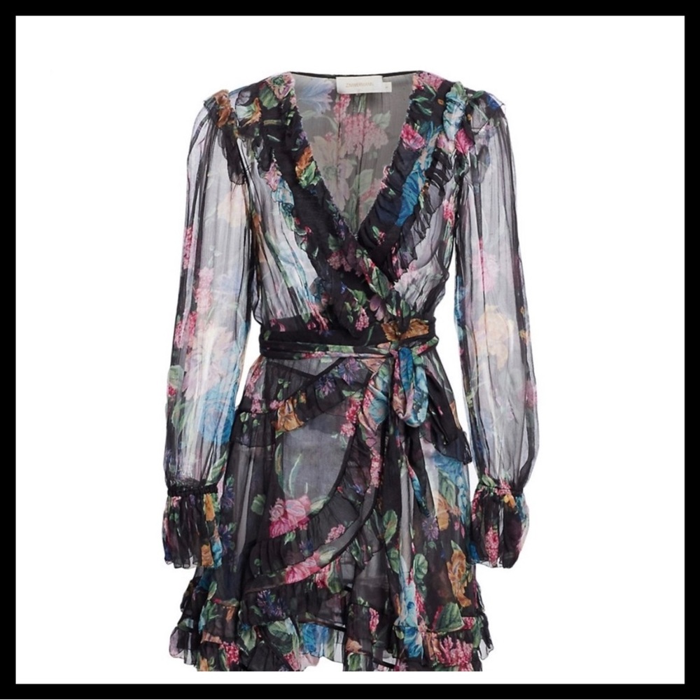 💜🖤ZIMMERMANN NinetySix Frill WrapDress Black Blossom 🖤💜